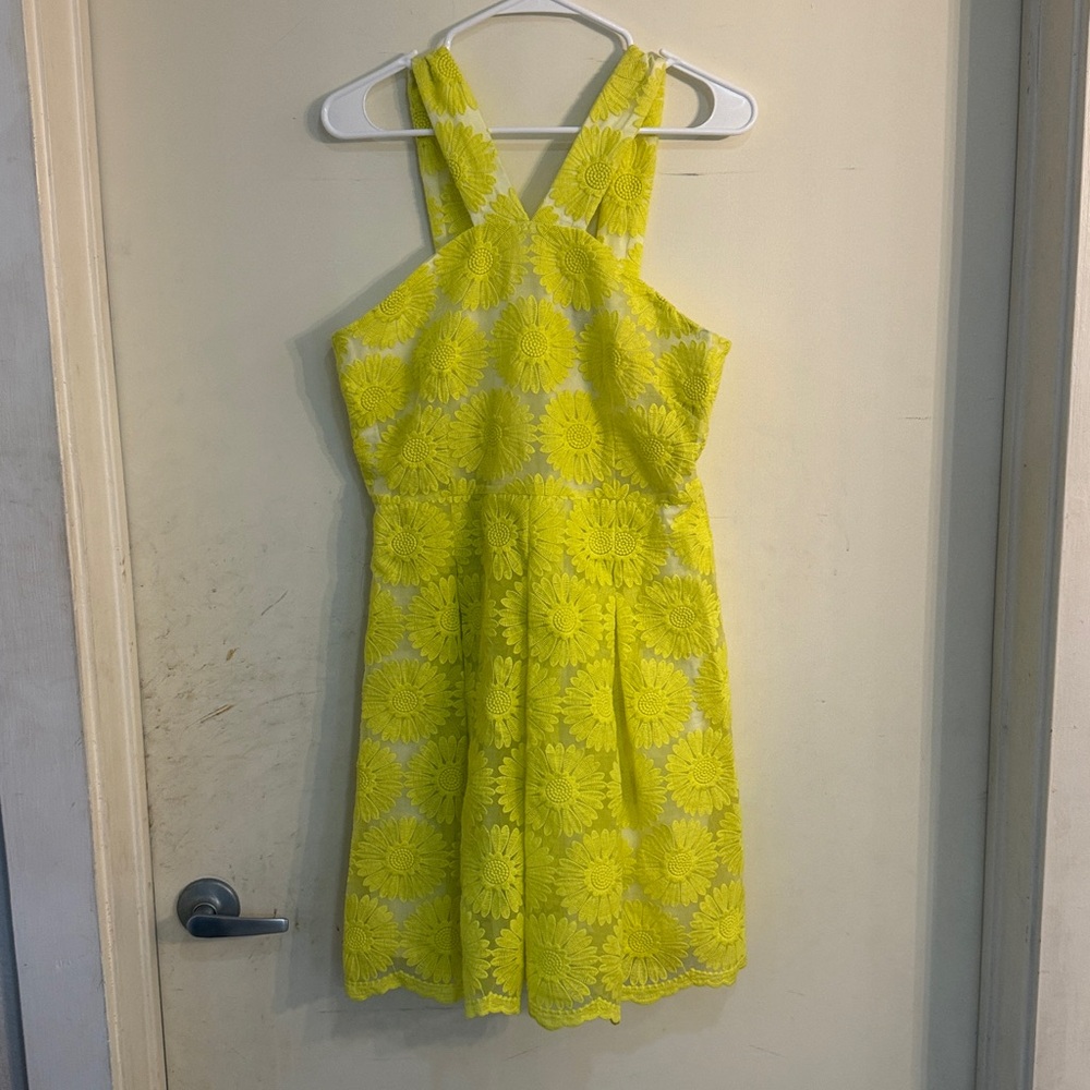 NWT Tahari ASL Bright Yellow Embroidered Floral Dress
